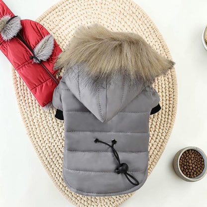 Furvana grey insulated pet winter coat with a faux fur hood and adjustable drawstring back for small dogs