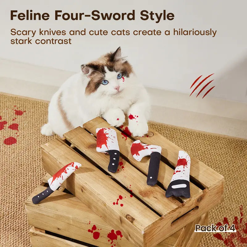 Furvana 4-piece Halloween catnip knife toy set with crinkle paper, featuring blood-splattered designs for cats.