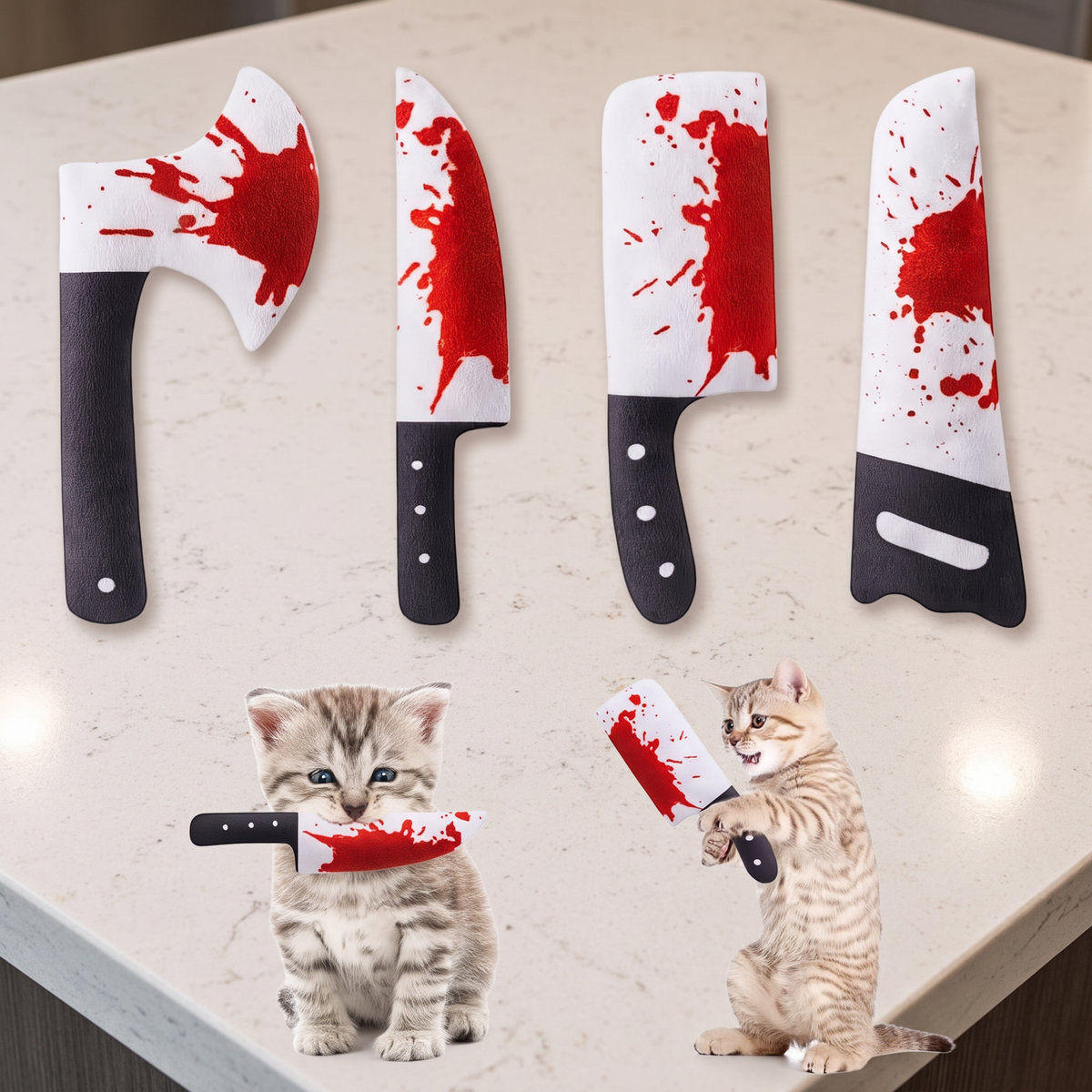 Furvana 4-piece Halloween catnip knife toy set with crinkle paper, featuring spooky blood-splatter designs.