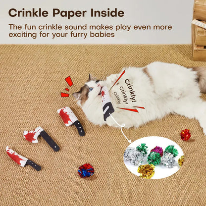 Furvana 4-piece Halloween knife cat toy set with catnip and crinkle paper, featuring a cat playing on a carpet.