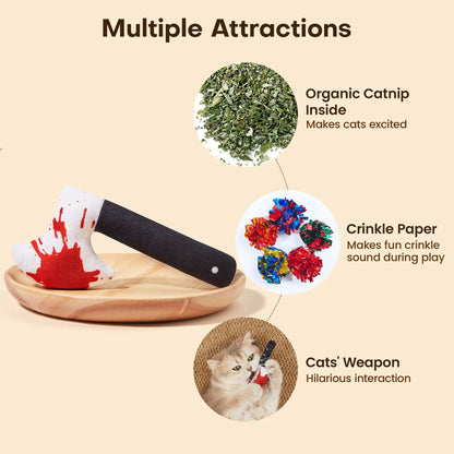 Furvana Halloween knife cat toy set with organic catnip, crinkle paper, and a playful blood-splatter axe design.