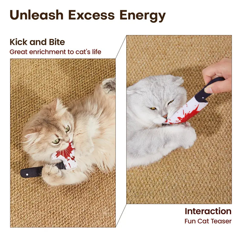 Furvana Halloween catnip knife toys being played with by a fluffy cat on a carpet