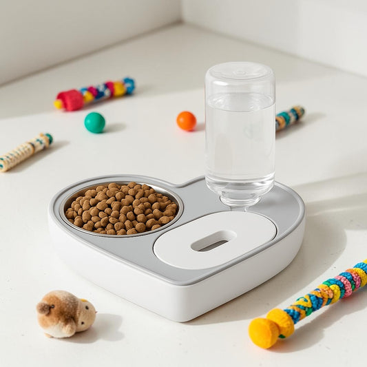 Furvana heart-shaped 2-in-1 pet feeder with stainless steel food bowl and automatic water dispenser on a white surface.