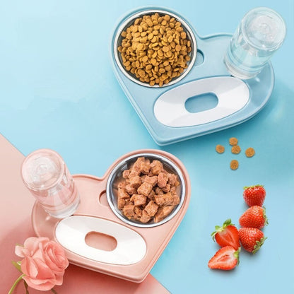 Furvana 2-in-1 heart-shaped pet feeder station with stainless steel food bowls and automatic water dispensers.