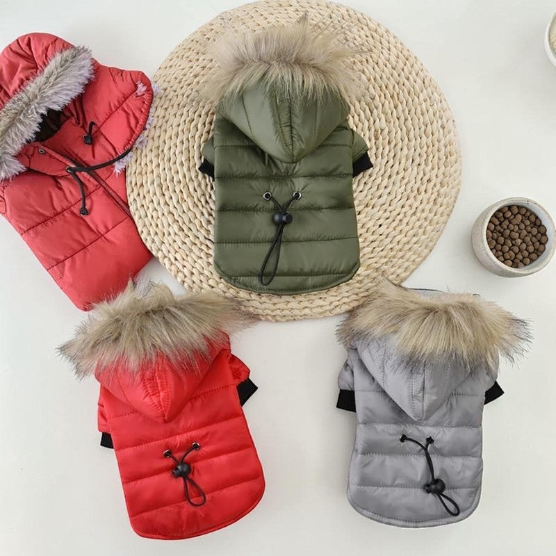 Furvana collection of insulated hooded pet winter coats in red, olive green, and grey with faux fur trim.