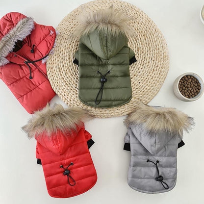 Furvana collection of insulated hooded pet winter coats in red, olive green, and grey with faux fur trim.