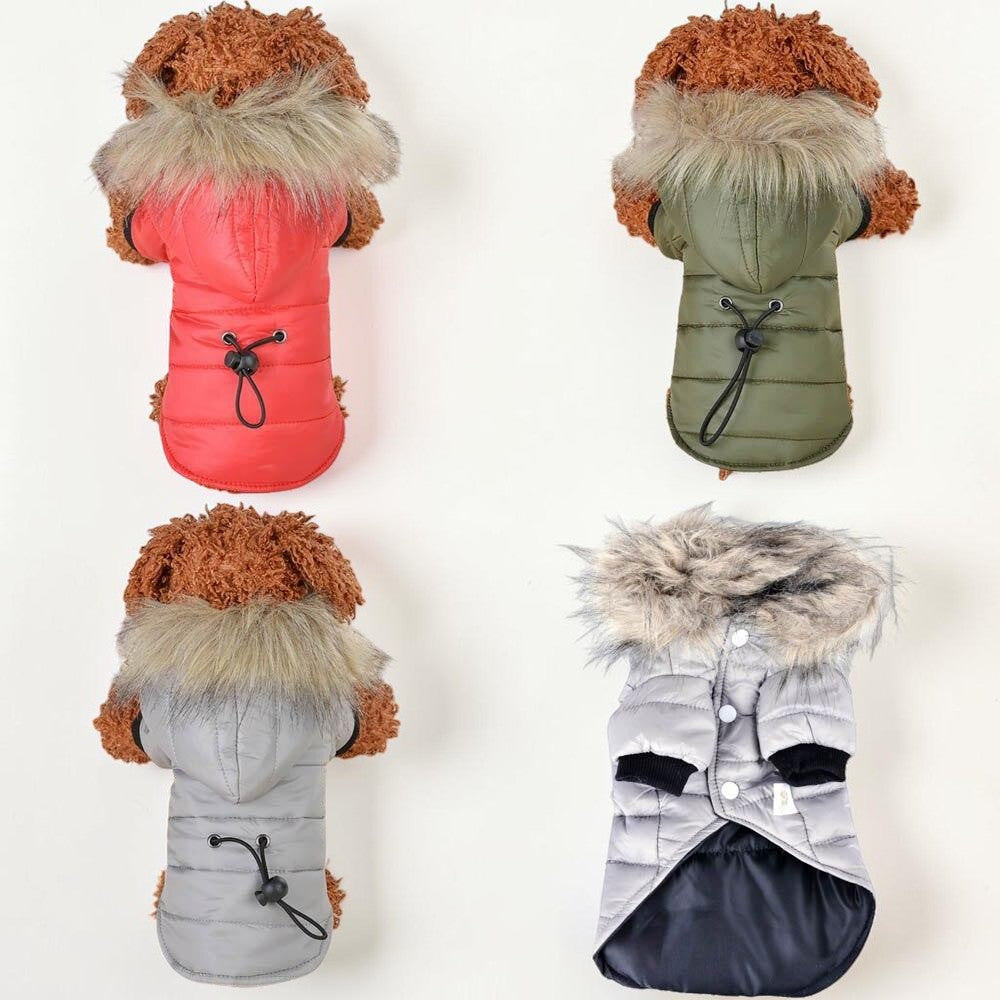 Furvana hooded winter dog coats in red, olive green, and grey with faux fur trim and insulated quilted fabric