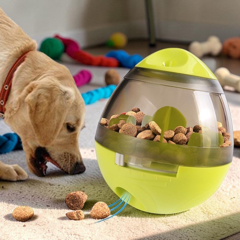 Furvana interactive treat ball dispenser with kibble, featuring a lime green and transparent design on a carpet.