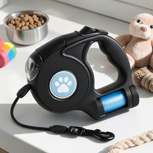 Furvana black LED retractable dog leash with ergonomic handle, thumb lock control, and paw print detail on side
