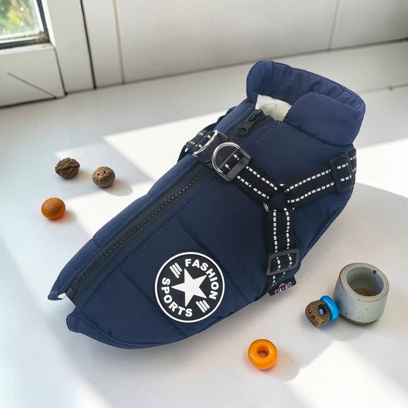 Furvana navy blue waterproof dog harness jacket with a back zipper, reflective straps, and a fashion sports patch.