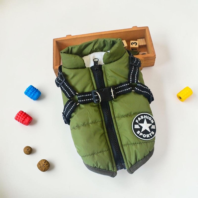 Furvana olive green quilted waterproof dog harness jacket with built-in reflective straps and front zipper closure