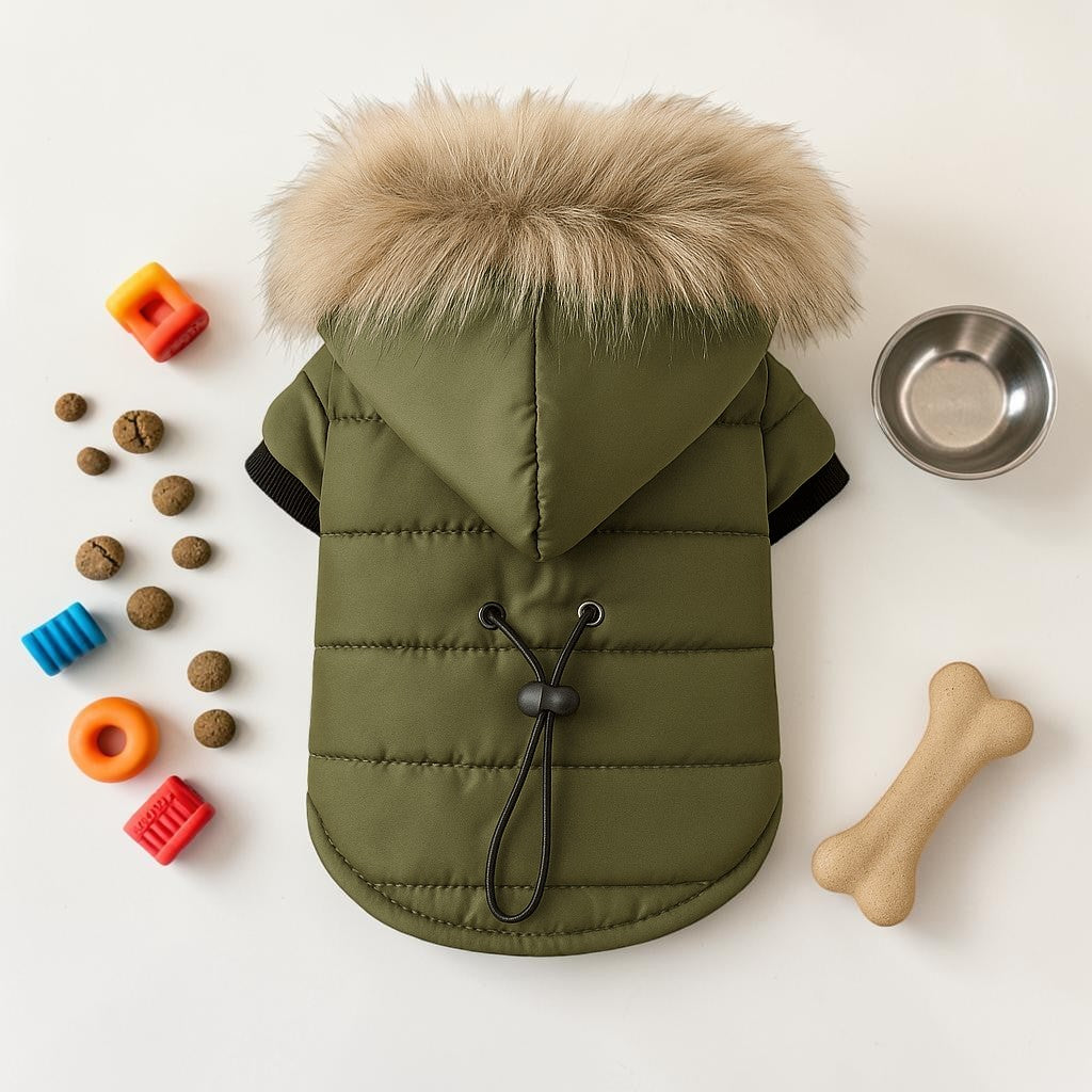 Furvana olive green quilted pet winter coat with a faux fur hood, drawstring detail, and warm cotton lining.