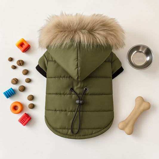 Furvana olive green quilted pet winter coat with a faux fur hood, drawstring detail, and warm cotton lining.