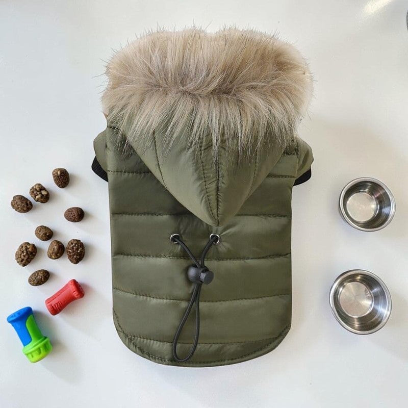Furvana olive green quilted winter dog coat with a faux fur lined hood and adjustable drawstring toggle