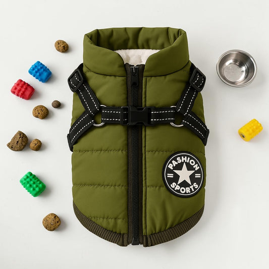Furvana olive green quilted waterproof dog harness jacket with fleece lining, front zipper, and reflective straps.