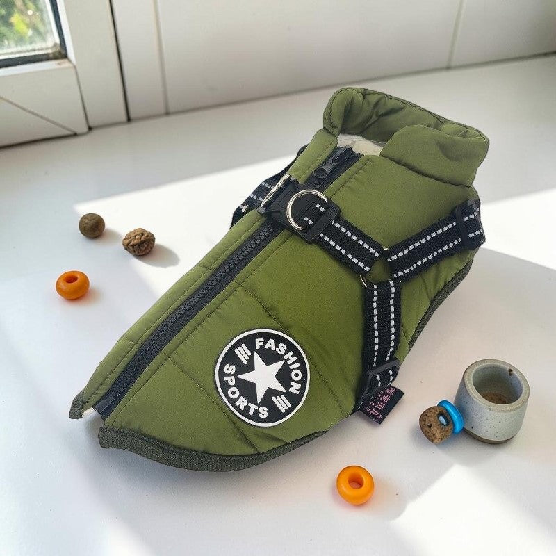 Furvana olive green waterproof dog harness jacket with back zipper, reflective straps, and fashion sports patch