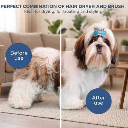 Furvana 2-in-1 pet dryer brush showing a Shih Tzu with fluffy, groomed fur before and after using the grooming tool.