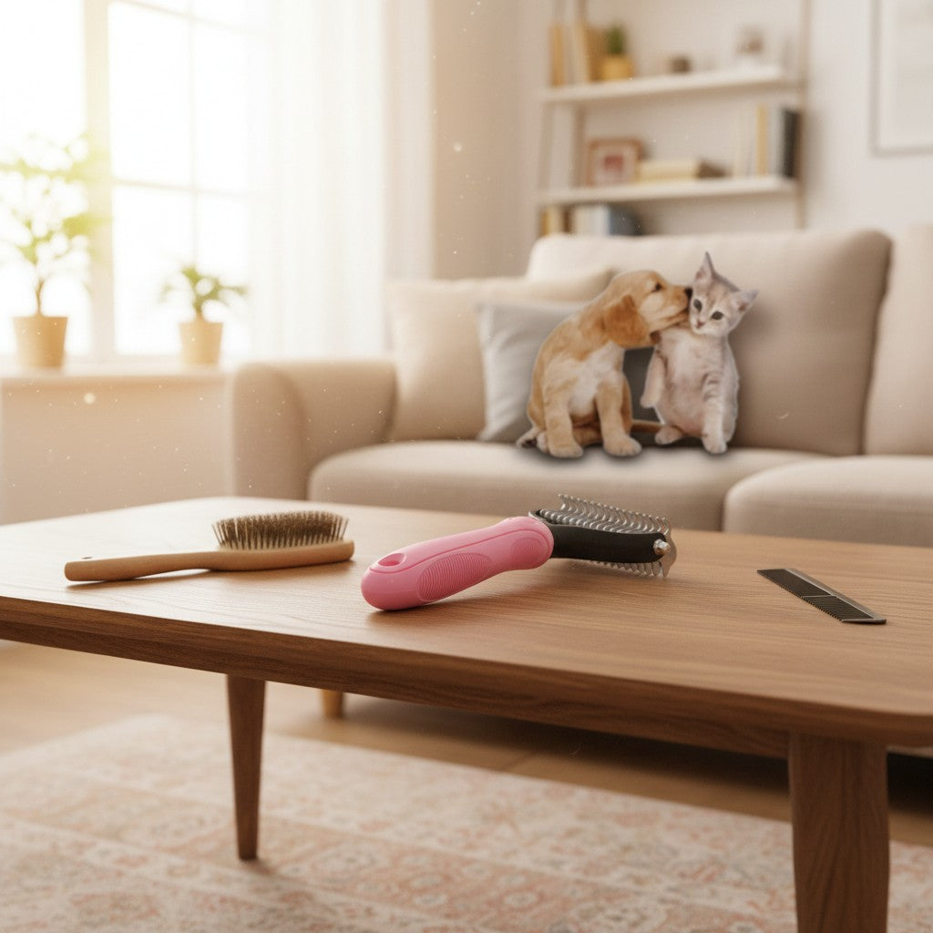 Furvana pet grooming kit with a pink dematting comb, wooden brush, and metal comb on a table with a puppy and kitten.