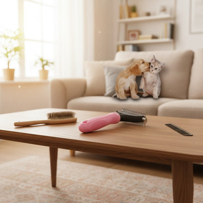 Furvana pet grooming kit with a pink dematting comb, wooden brush, and metal comb on a table with a puppy and kitten.