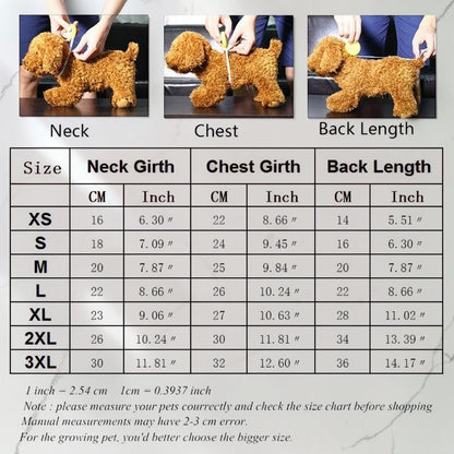 Furvana pet sweater size guide showing a brown dog being measured for neck, chest, and back length with a chart.