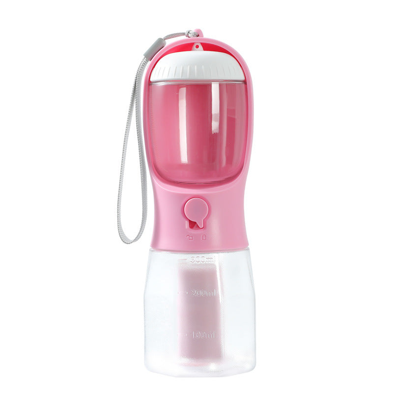 Furvana 3-in-1 pink portable pet water bottle with food storage and poop bag dispenser for travel and walks