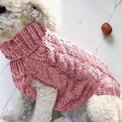Furvana pink cable knit turtleneck sweater on a small dog for warmth and style