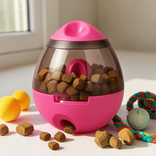Furvana interactive pink treat ball dispenser filled with dry kibble for pets