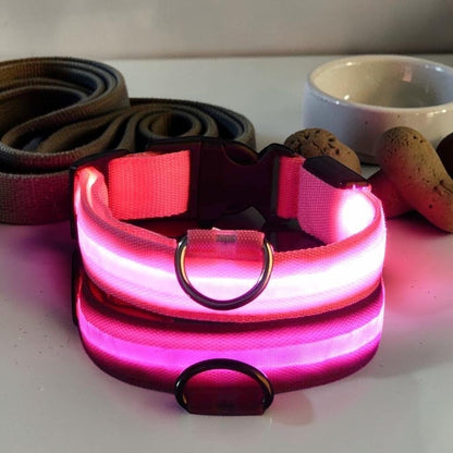 Furvana rechargeable pink LED safety dog collar with durable nylon strap and quick-release buckle for night visibility