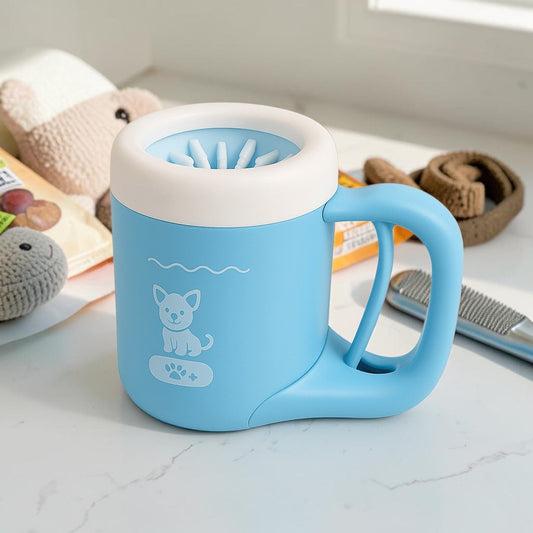 Furvana portable dog paw cleaner cup in light blue with white lid and gentle silicone bristles for pet grooming