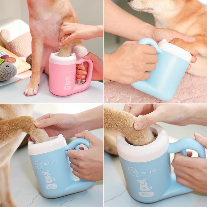 Furvana portable dog paw cleaner cup with soft silicone bristles being used to clean a dog's paw