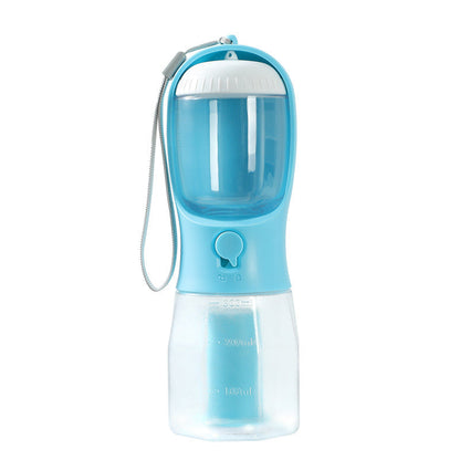 Furvana 3-in-1 blue portable pet water bottle with food storage and poop bag dispenser for travel