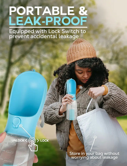 Furvana 3-in-1 blue portable pet water bottle with leak-proof lock switch held by a woman in an outdoor park setting.