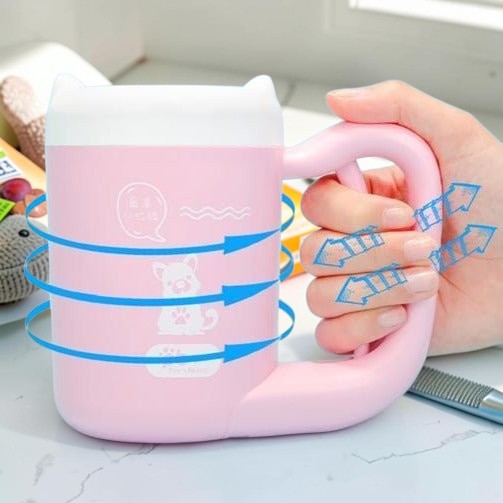 Furvana portable pink dog paw cleaner cup with a handle and cat-ear lid design for gentle 360-degree cleaning