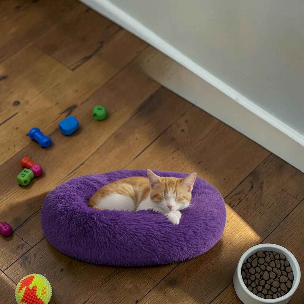 Furvana purple plush donut bed with a sleeping ginger kitten on a wooden floor with scattered pet toys