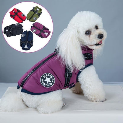 Furvana purple waterproof dog harness jacket worn by a white poodle with a fleece lining and back zipper closure
