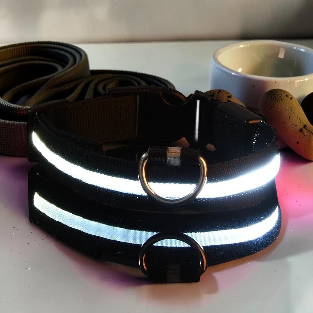 Furvana rechargeable LED dog collar in black nylon with bright white light strip and metal D-ring for night safety