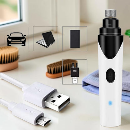 Furvana rechargeable electric pet nail grinder with USB charging cable, featuring a white and black ergonomic design.