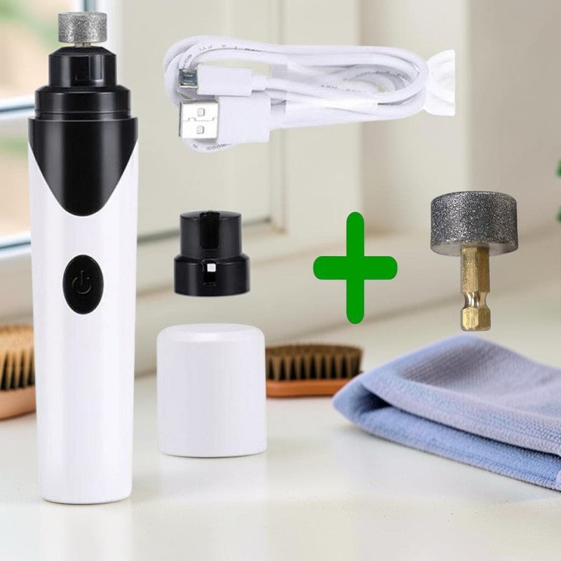 Furvana rechargeable electric pet nail grinder with USB cable, protective cap, and replacement grinding head.