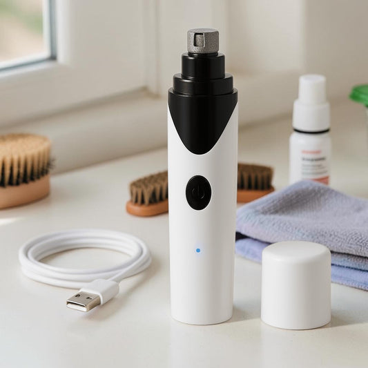 Furvana rechargeable electric pet nail grinder in white and black with a USB charging cable and protective cap.