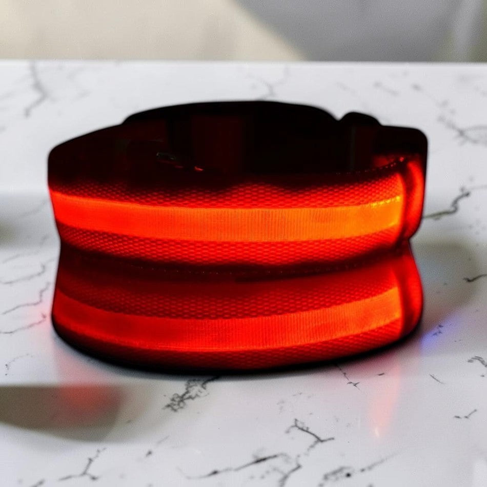 Furvana rechargeable red LED safety dog collar with durable nylon construction for high nighttime visibility