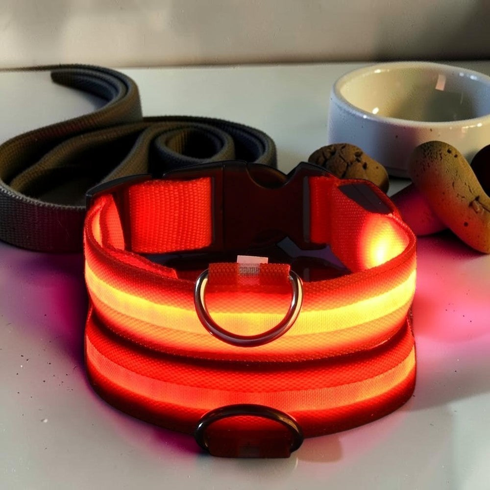 Furvana red rechargeable LED dog collar with a durable nylon strap and quick-release buckle for nighttime safety