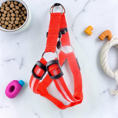 Furvana red nylon LED dog harness with reflective strips for nighttime visibility and adjustable buckles.