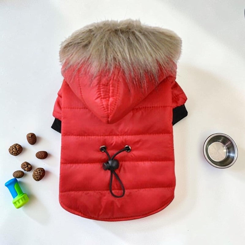 Furvana red quilted winter dog coat with a faux fur-lined hood and adjustable drawstring for small pets