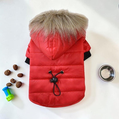 Furvana red quilted winter dog coat with a faux fur-lined hood and adjustable drawstring for small pets