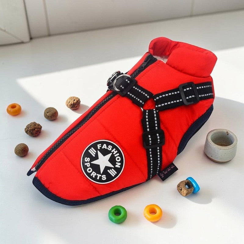 Furvana red waterproof dog harness jacket with built-in reflective straps and a circular fashion sports patch