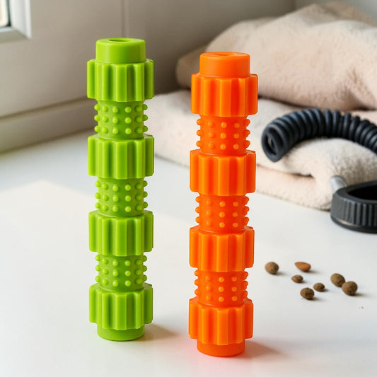 Furvana green and orange silicone pet molar tooth cleaning chew toys with textured bristles for dental health