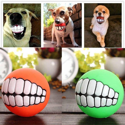 Furvana squeaky rubber dog toy balls featuring a funny human-like toothy grin design for interactive fetch play