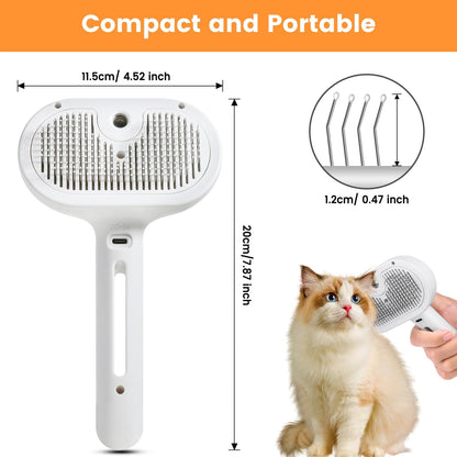 Furvana steam cat brush showing dimensions, bristle detail, and a cat being groomed with the white handheld device.