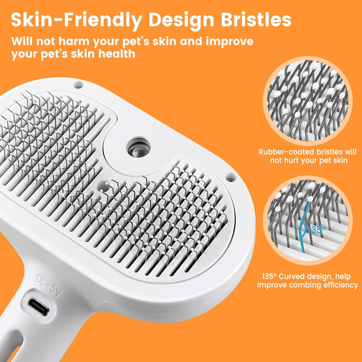 Furvana 3-in-1 steam cat brush featuring white skin-friendly rubber-coated bristles with a 135-degree curved design.