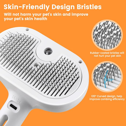 Furvana 3-in-1 steam cat brush featuring white skin-friendly rubber-coated bristles with a 135-degree curved design.